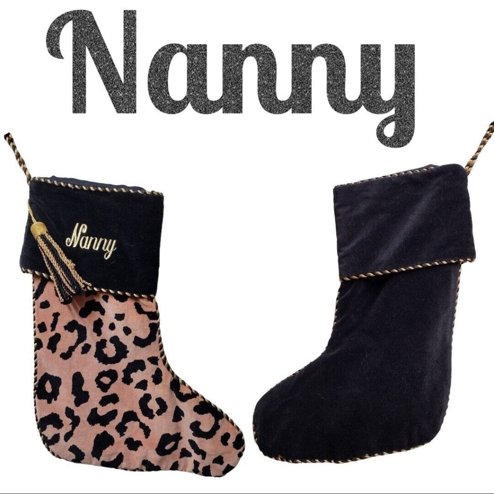 Christmas Stocking Nanny Velvet Black Gold Leopard Tassel 7" x 16"